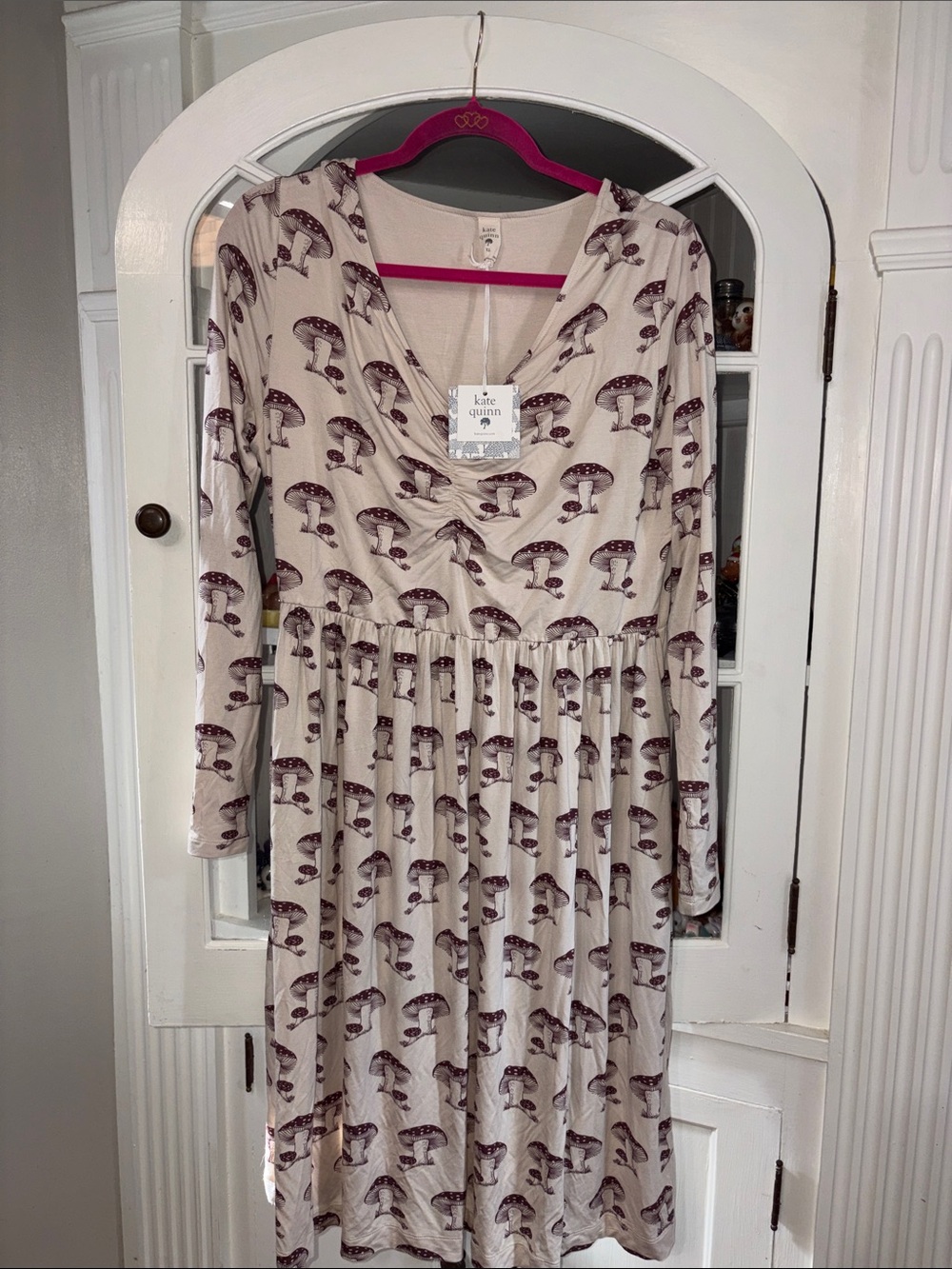 Nwt kate quinn Cream Dress with Brown Mushroom Print - Long Sleeve